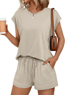 Women's soft round neck cap sleeve lounge set with drawstring shorts, 2-piece comfort outfit by Trendsi