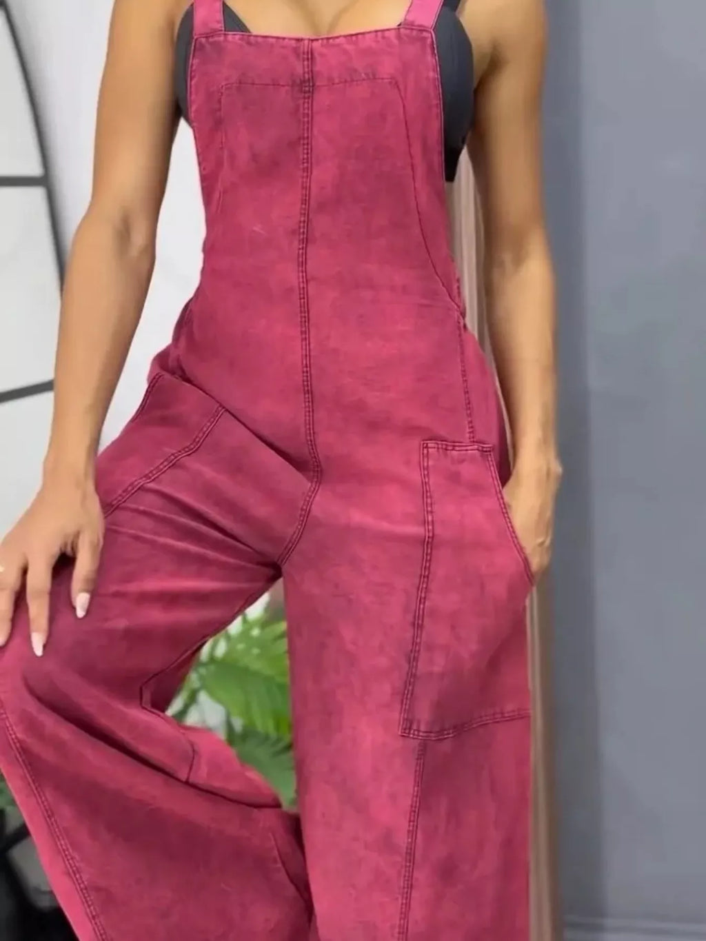 Full size wide leg denim overalls by Trendsi, featuring a one-piece design with adjustable straps and a relaxed fit.