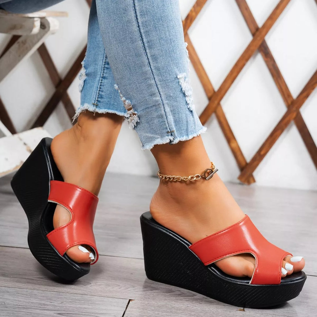 Open toe wedge sandals by Plush Fashion Hub featuring a stylish design with a comfortable wedge heel.
