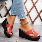 Open toe wedge sandals by Plush Fashion Hub featuring a stylish design with a comfortable wedge heel.