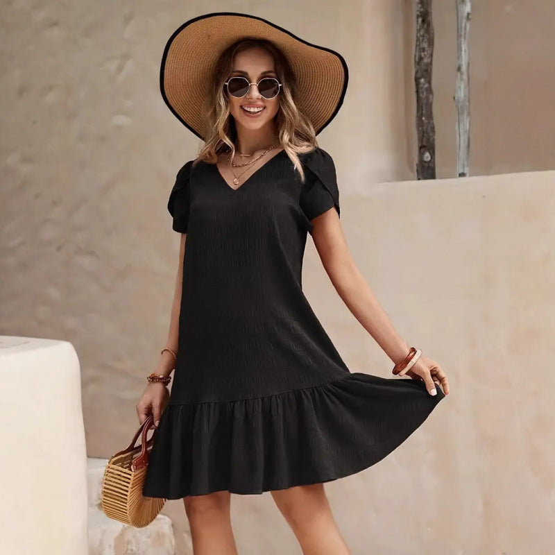 Women's V-Neck A-Line Casual Short Sleeve Dress with Ruffles