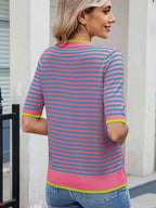 Striped casual T-shirt with contrast trim, trendy tops by Trendsi featuring a relaxed fit and stylish design.