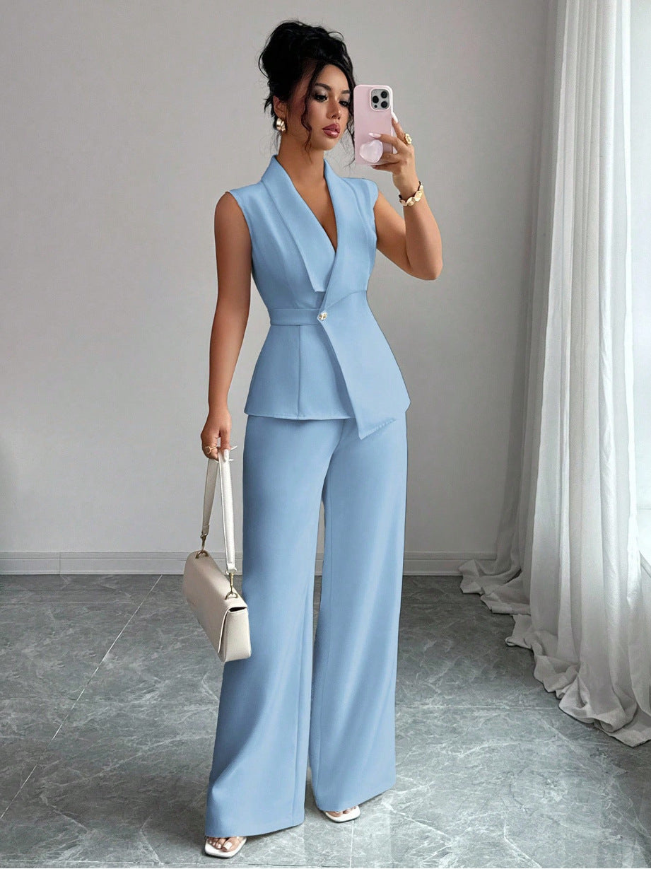 Women's Sleeveless Blazer & Straight-Leg Pants Two-Piece Set FitiqueFit