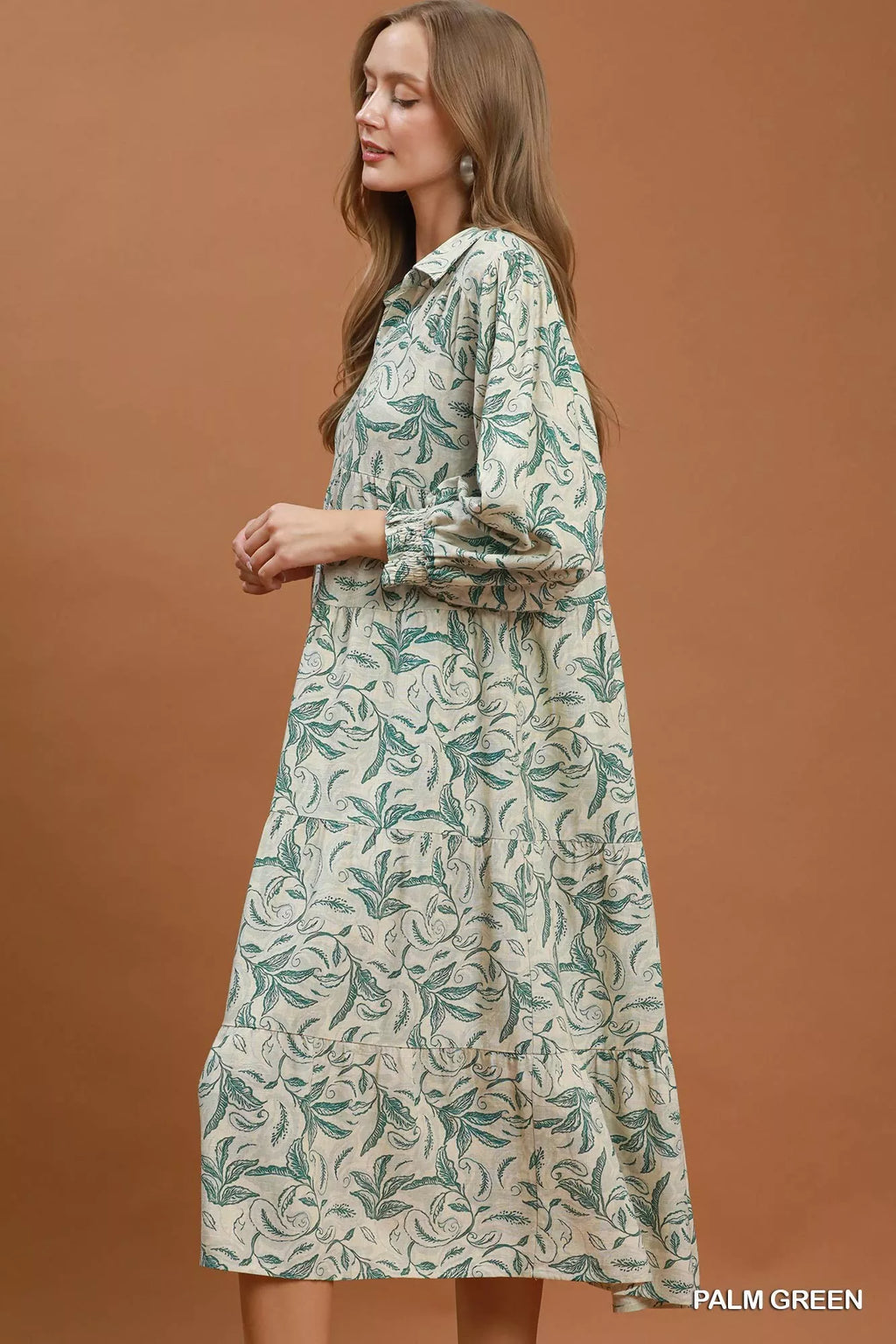 Linen botanical print tiered midi dress by Umgee featuring a relaxed fit and tiered design, perfect for casual summer wear.