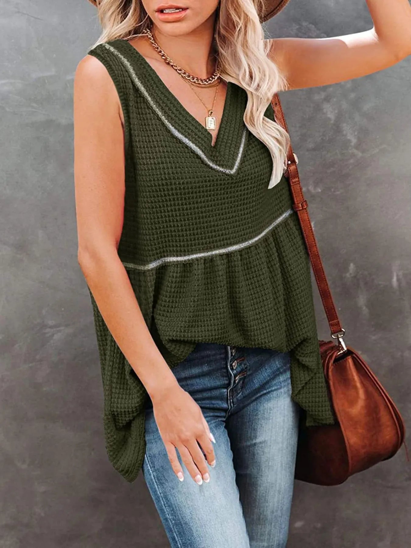 V-neck waffle knit tank top with contrast stitching from Trendsi, featuring a relaxed fit and textured fabric.