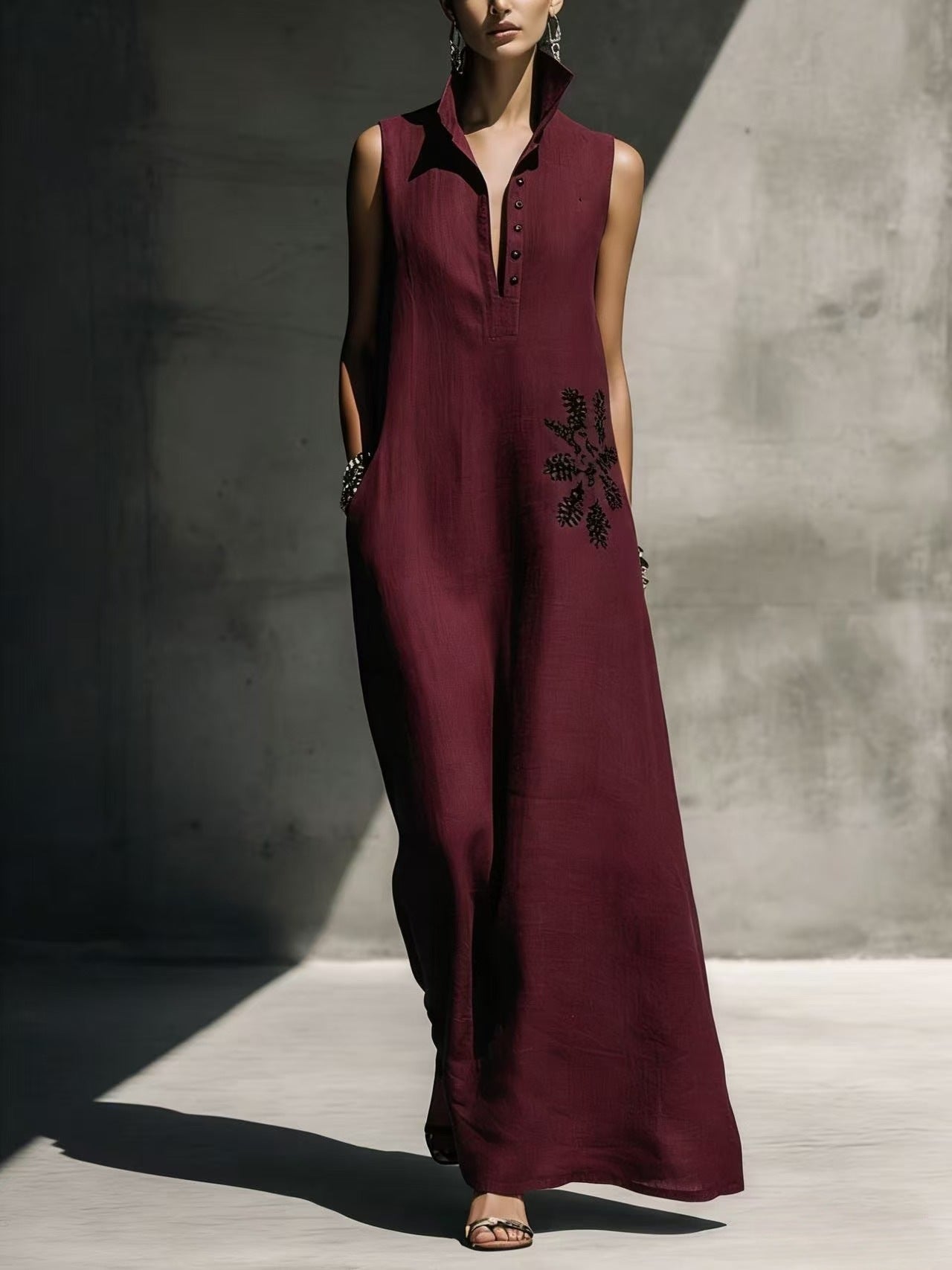 Women's Cotton Linen Mandarin Collar Maxi Dress – Graphic Print with Pockets FitiqueFit