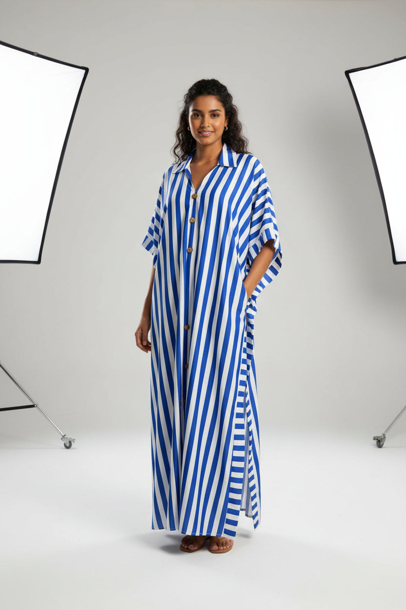 African-inspired striped loose long dress by FitiqueFit in five colors, featuring a relaxed fit and flowing silhouette.
