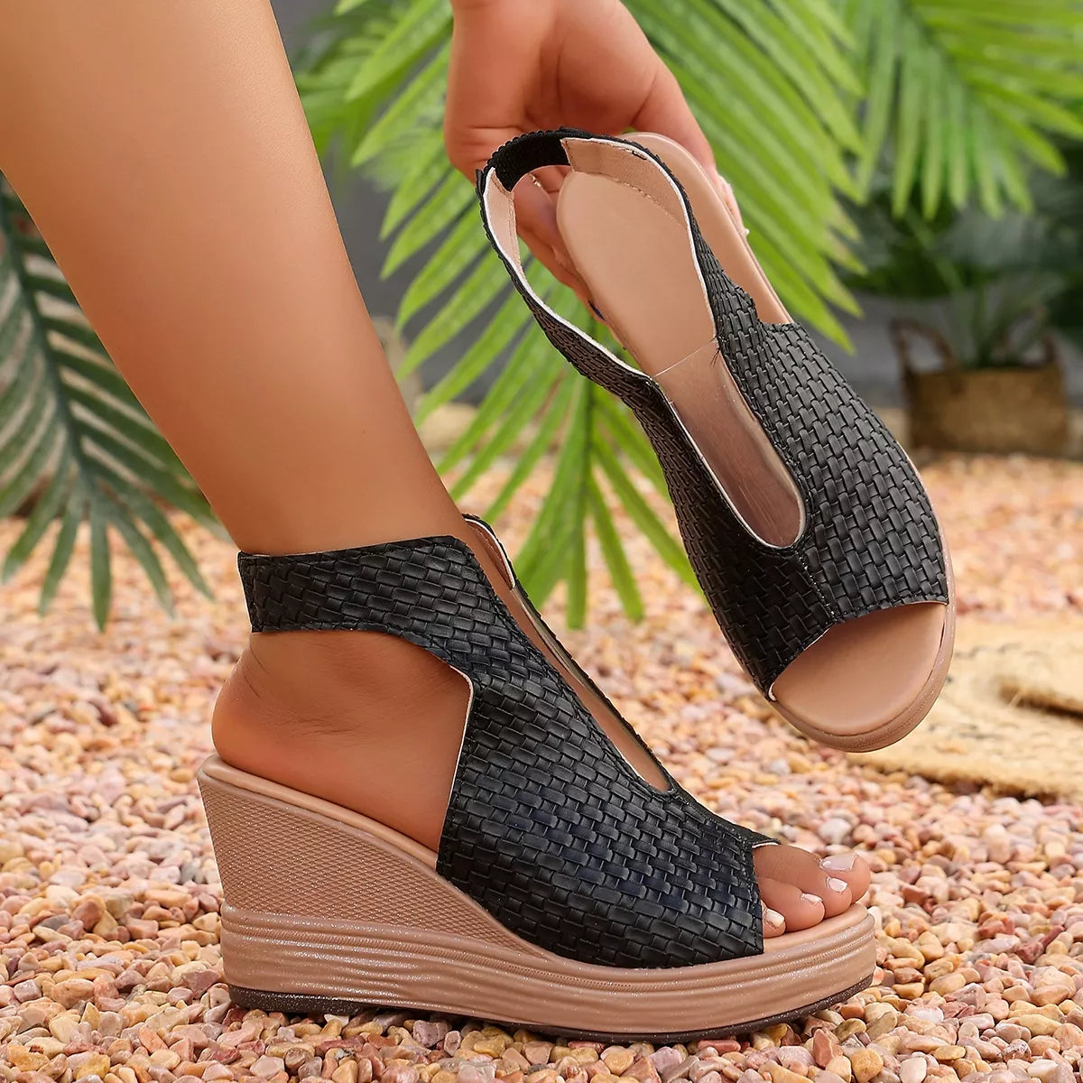 Open toe wedge sandals by Plush Fashion Hub featuring a stylish design with a comfortable wedge heel.