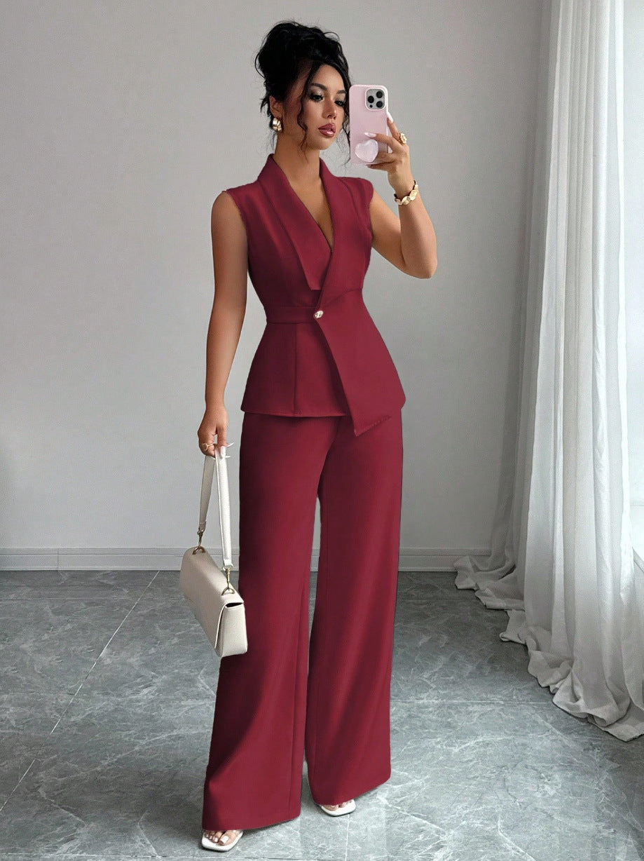 Women's Sleeveless Blazer & Straight-Leg Pants Two-Piece Set FitiqueFit