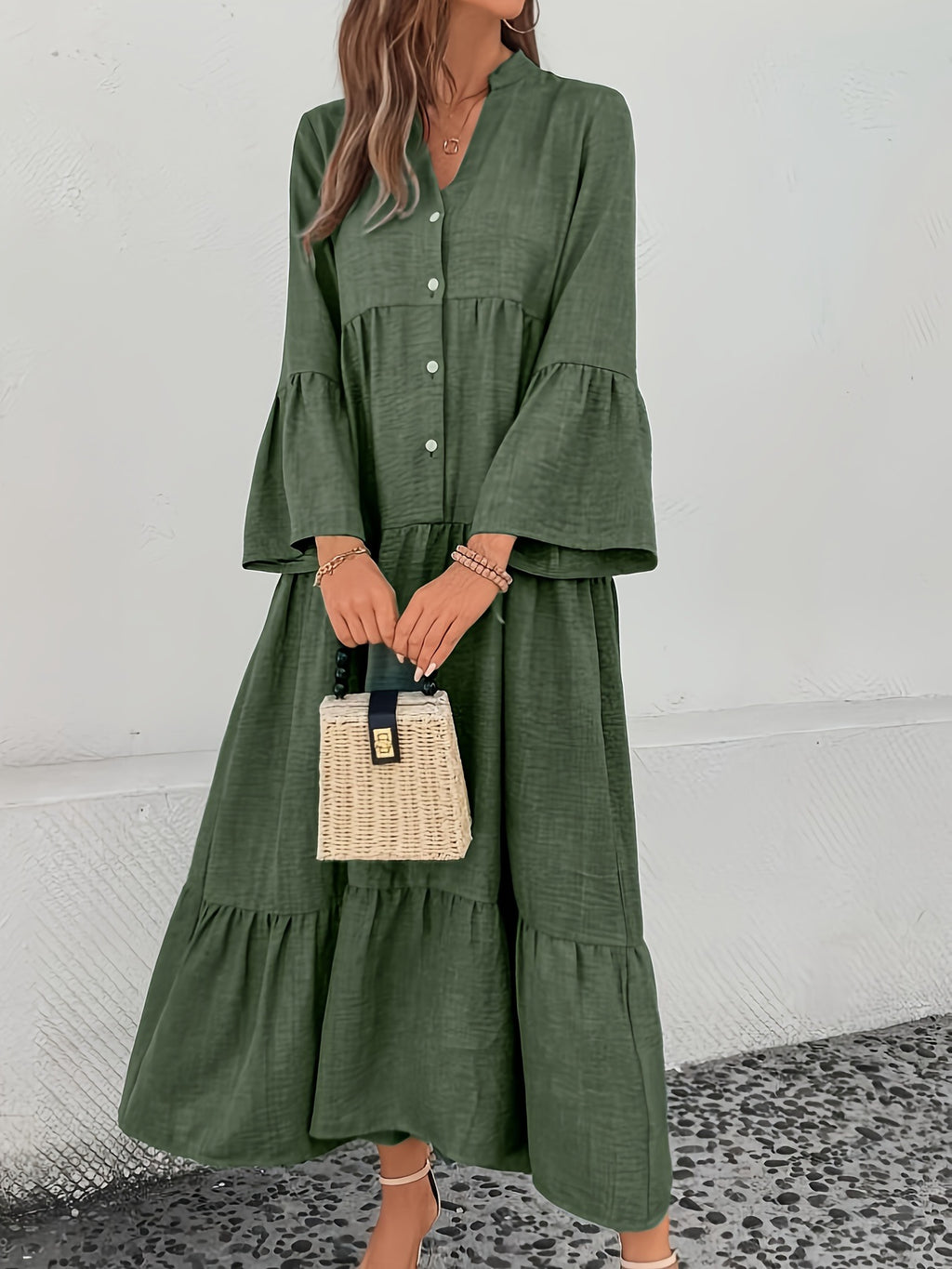 Casual button-front tiered midi dress by Trendsi in cotton blend fabric, perfect for summer, shown in a relaxed, flowy design.