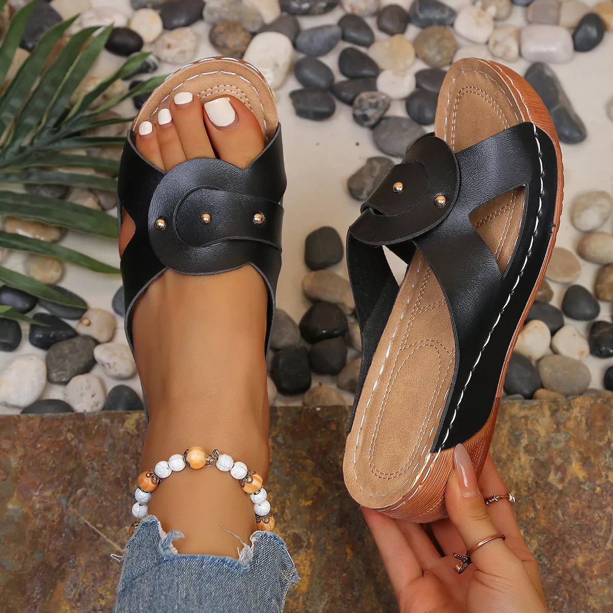 Open toe wedge sandals from Plush Fashion Hub featuring stylish design and comfortable platform heel for casual or dressy wear.