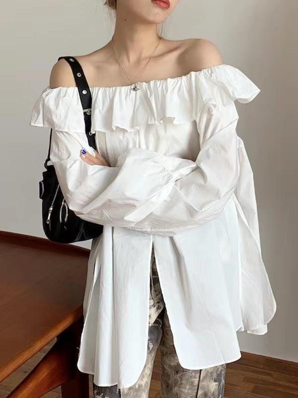 Off-Shoulder Ruffled Slit Long Sleeve Shirt Plush Fashion Hub