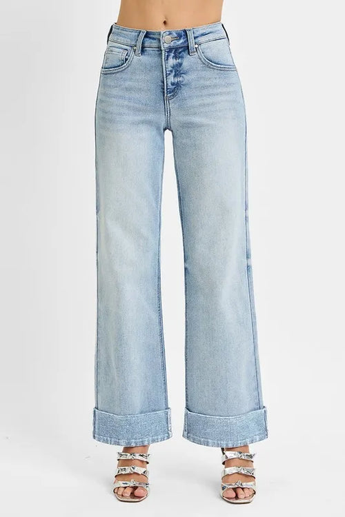 Stretchy denim high-rise ankle jeans with wide cuffs from Plush Fashion Hub, featuring tummy control and a fitted, stylish design.