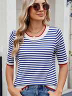Striped casual T-shirt with contrast trim from Trendsi, featuring a comfortable fit and stylish design, shown on a model.