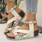 Women's leopard print wedge sandals with ankle straps from Trendsi, featuring a comfortable summer design and stylish footwear.