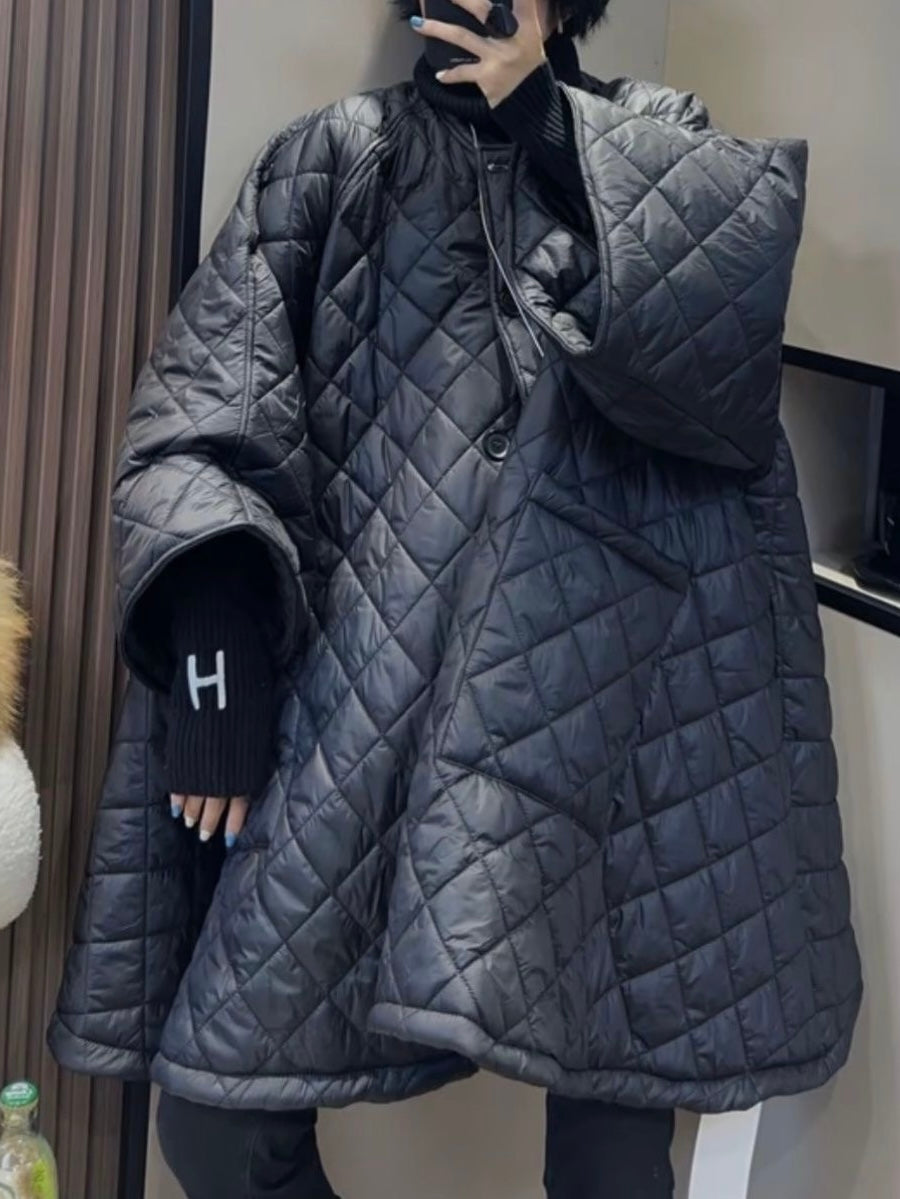 Diamond-Patterned Plus A-line Cotton Coat Plush Fashion Hub