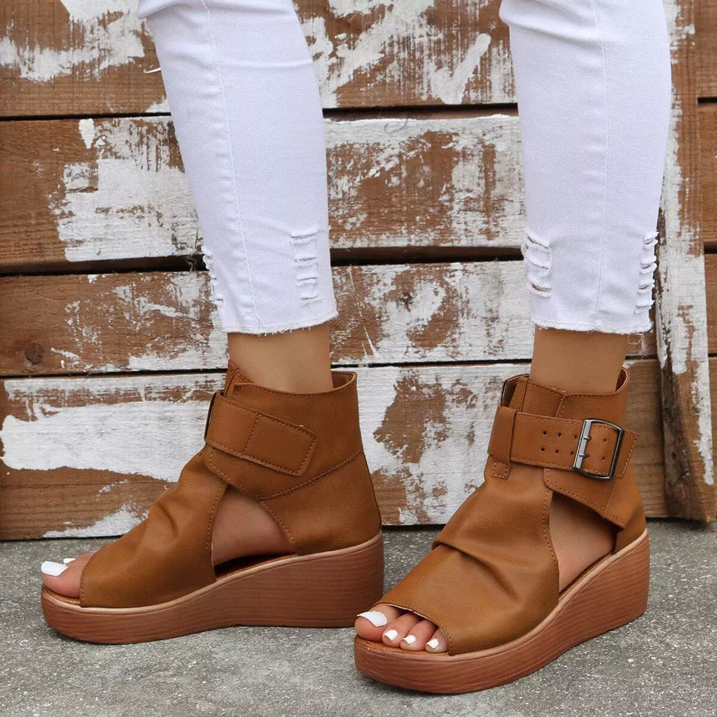 Open toe wedge sandals by Plush Fashion Hub featuring a stylish design with cork heels and adjustable ankle straps.