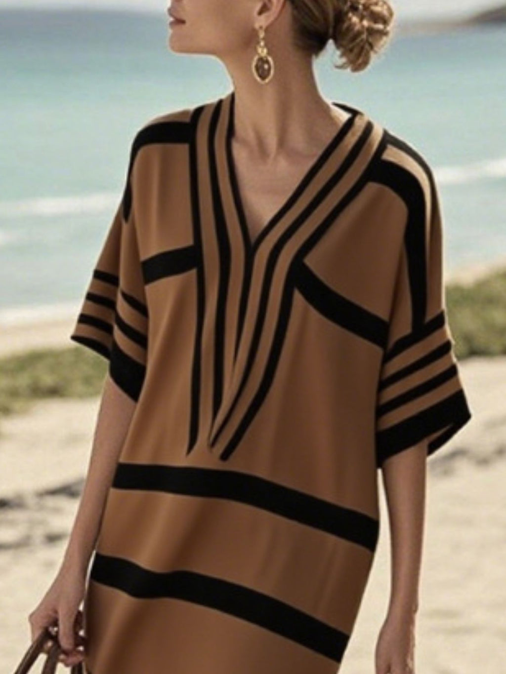 Plus size women's striped half-sleeve midi dress by Trendsi, casual chic everyday wear with a relaxed fit and stylish design.