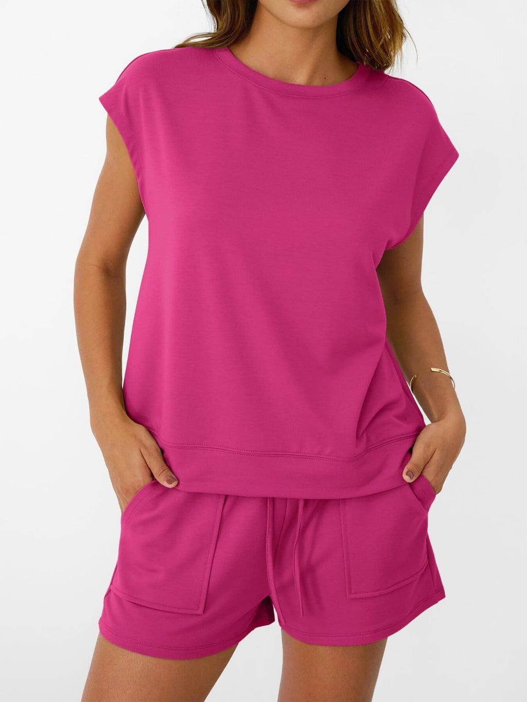 Women's soft round neck cap sleeve lounge set with drawstring shorts, casual 2-piece outfit by Trendsi, shown in relaxed fit.