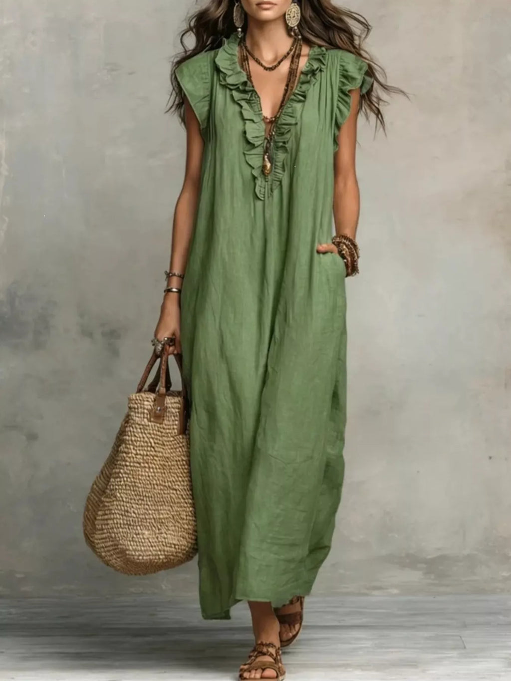 Plus size maxi dress with ruffled v-neck, cap sleeves, and flowing style from Trendsi, perfect for elegant summer wear.