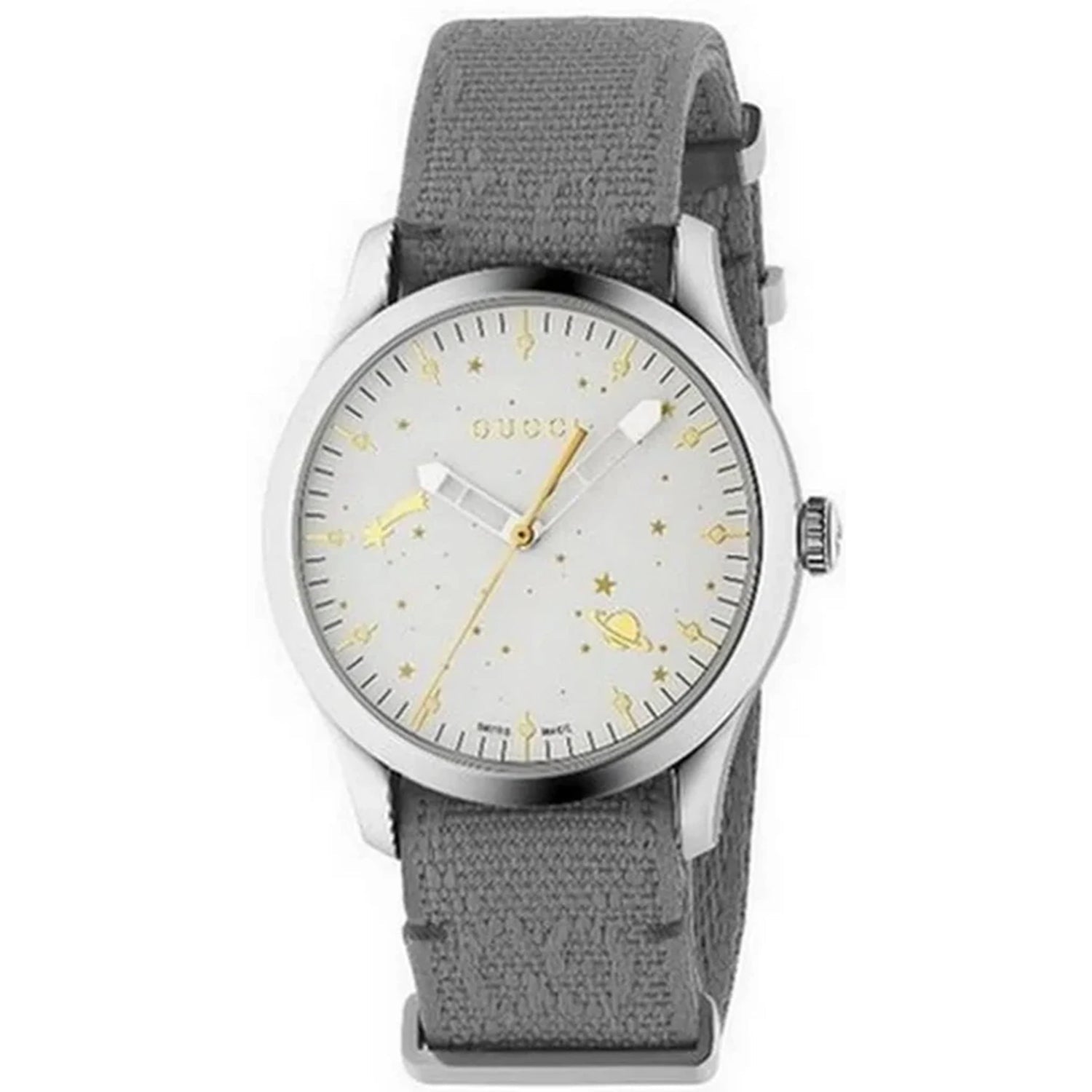 Gucci G-Timeless watch with gray monogram fabric strap, silver case, and white dial featuring gold celestial motifs.