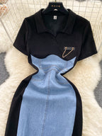 Color block denim patchwork bodycon mini dress from Trendsi featuring a fitted silhouette and vibrant patchwork design.