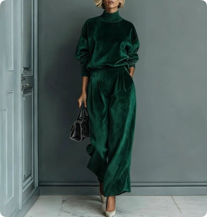A person wears a dark green, velour high-neck long-sleeve top and matching wide-leg pants, holding a black handbag.