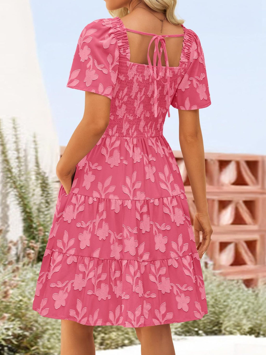 Women's casual smocked tiered square neck short sleeve dress with pockets by Trendsi, featuring a relaxed fit and stylish design.