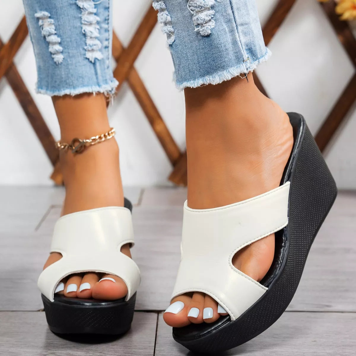 Open toe wedge sandals from Plush Fashion Hub with a stylish design and comfortable platform heel.
