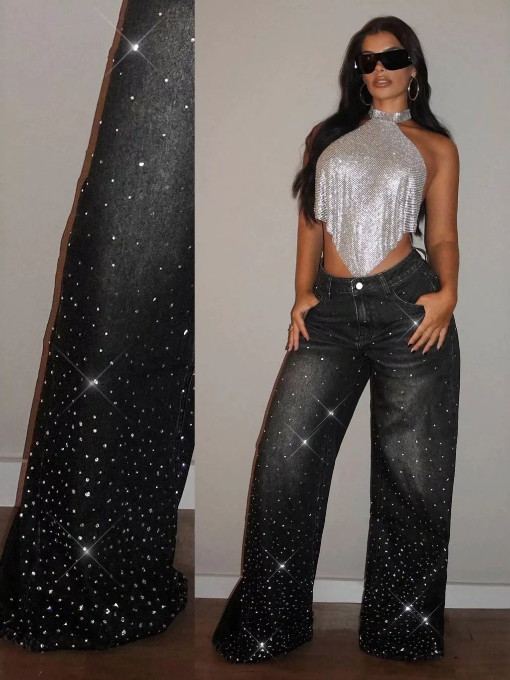 Rhinestone wide-leg jeans from Trendsi with sparkling rhinestone embellishments and a loose, flowing fit for a trendy look.