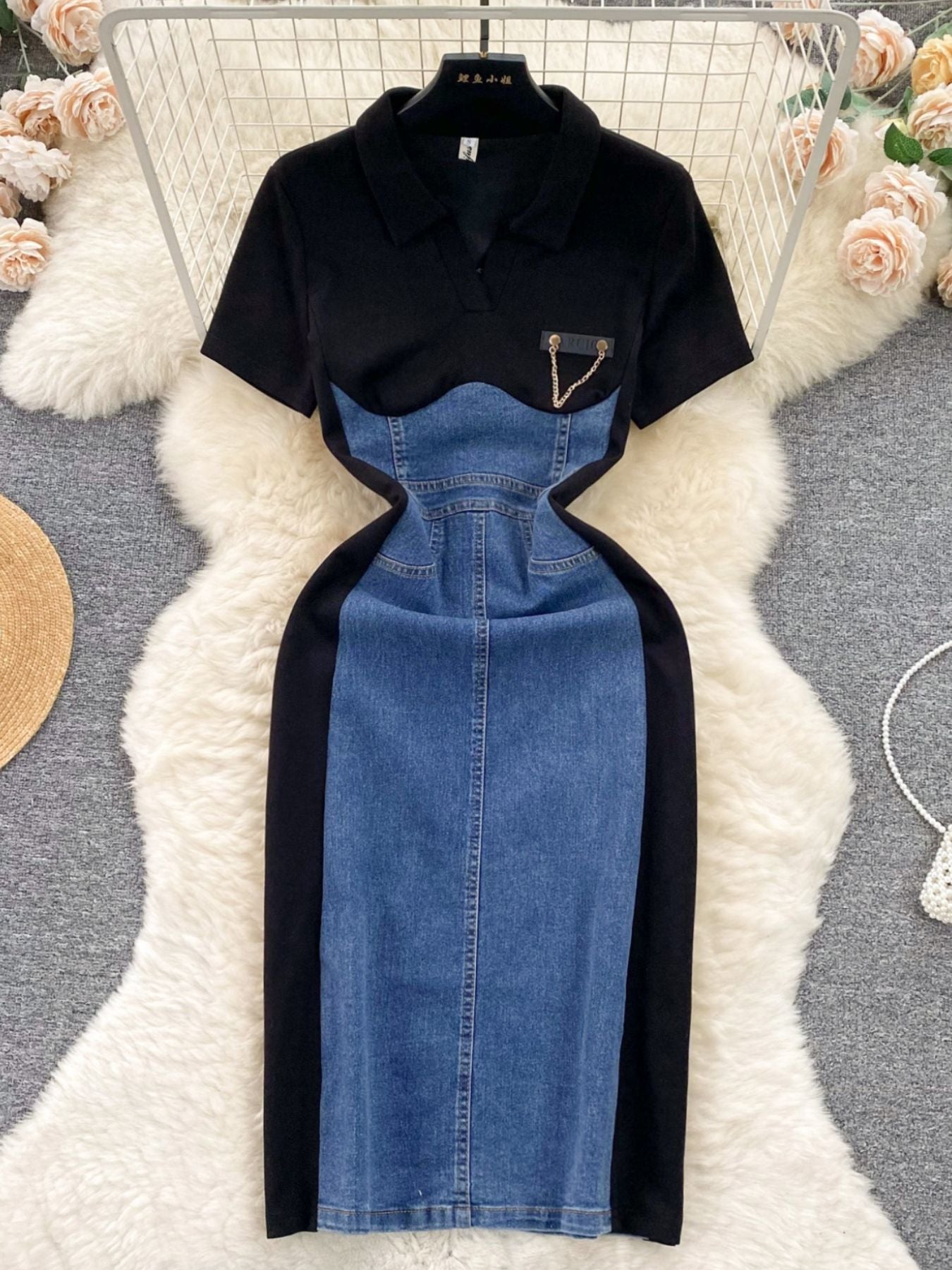 Color block denim patchwork bodycon mini dress by Trendsi featuring a fitted silhouette and vibrant patchwork design.