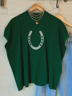 Women's ribbed knit short sleeve sweater with horsehoe graphic design, trendy and cozy from Trendsi.