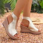 Open toe wedge sandals by Plush Fashion Hub with tan straps and cork platform, perfect for summer casual wear.