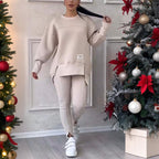 Women's solid color casualwear 2-piece set by FitiqueFit, featuring a comfortable top and matching pants.