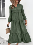 Casual cotton blend button front tiered midi dress from Trendsi, perfect for summer, with a relaxed, flowing silhouette.