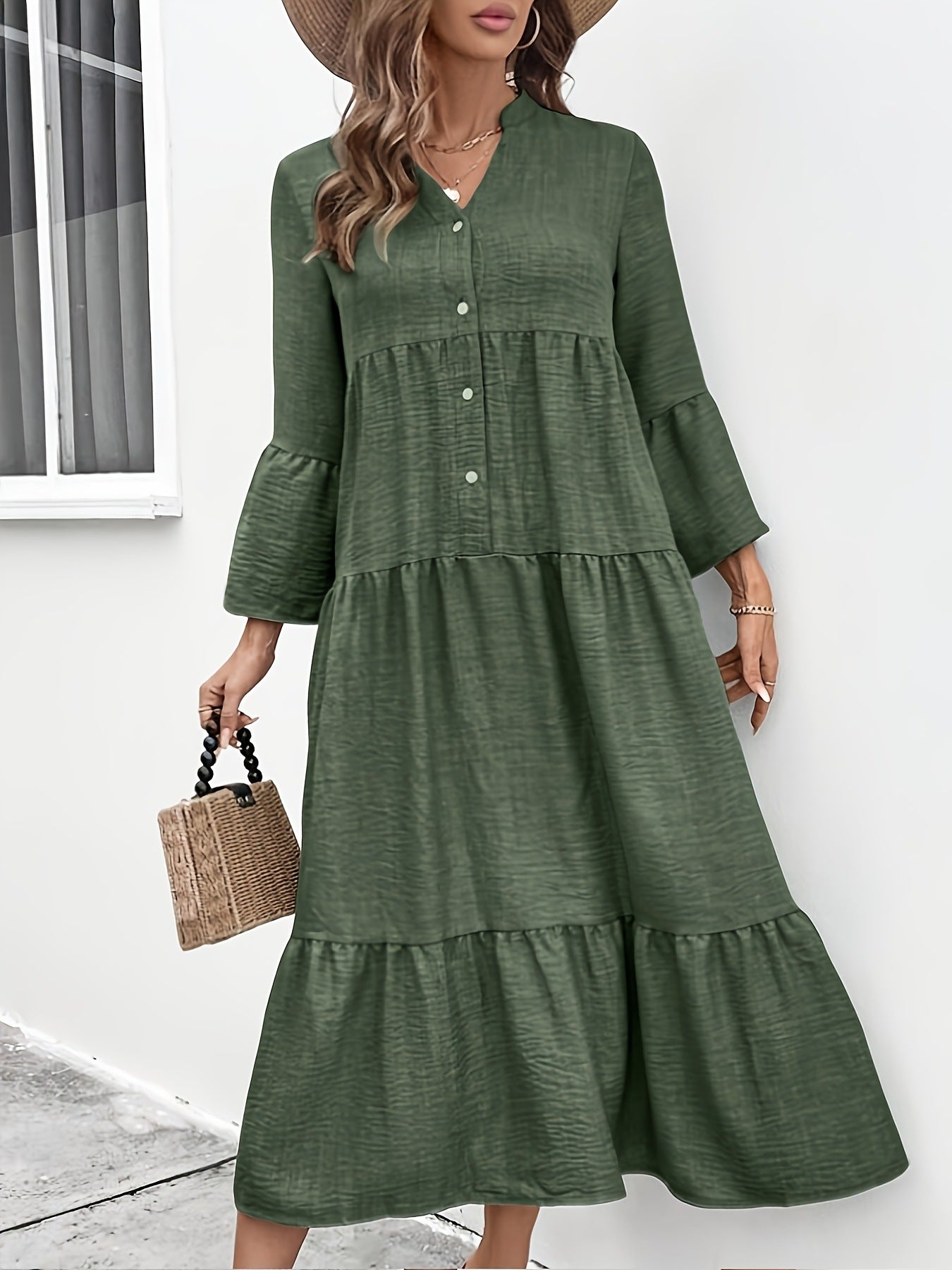 Casual cotton blend button front tiered midi dress from Trendsi, perfect for summer, with a relaxed, flowing silhouette.