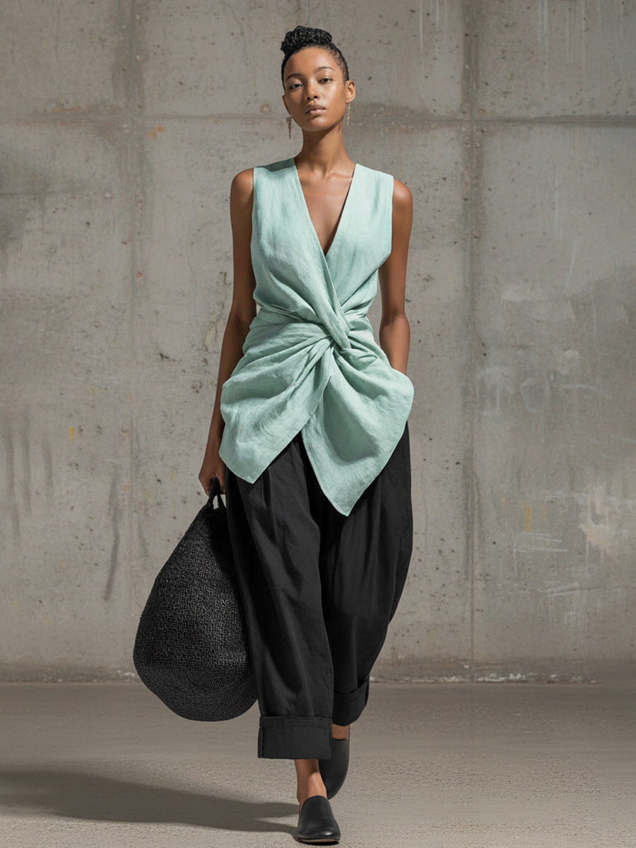 Women's Tie-Front V-Neck Sleeveless Top & Wide-Leg Pants Set FitiqueFit