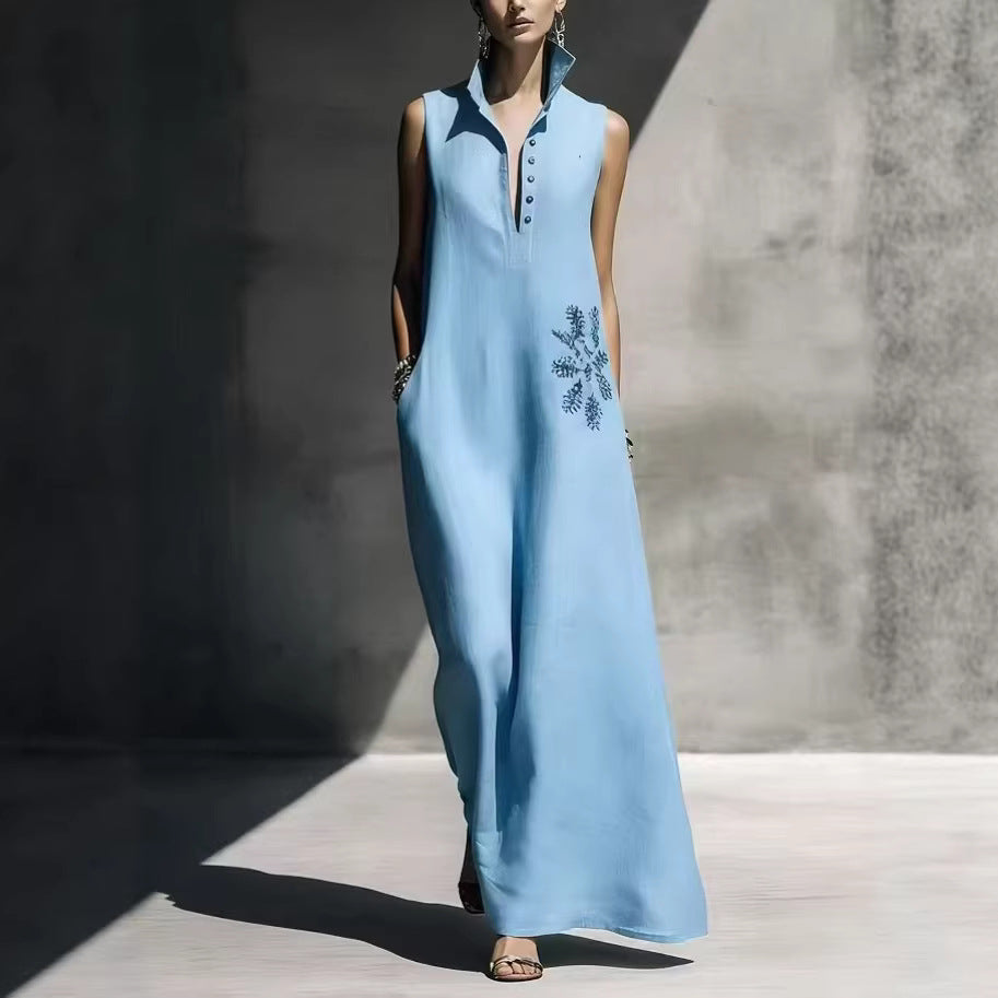 Women's Cotton Linen Mandarin Collar Maxi Dress – Graphic Print with Pockets FitiqueFit