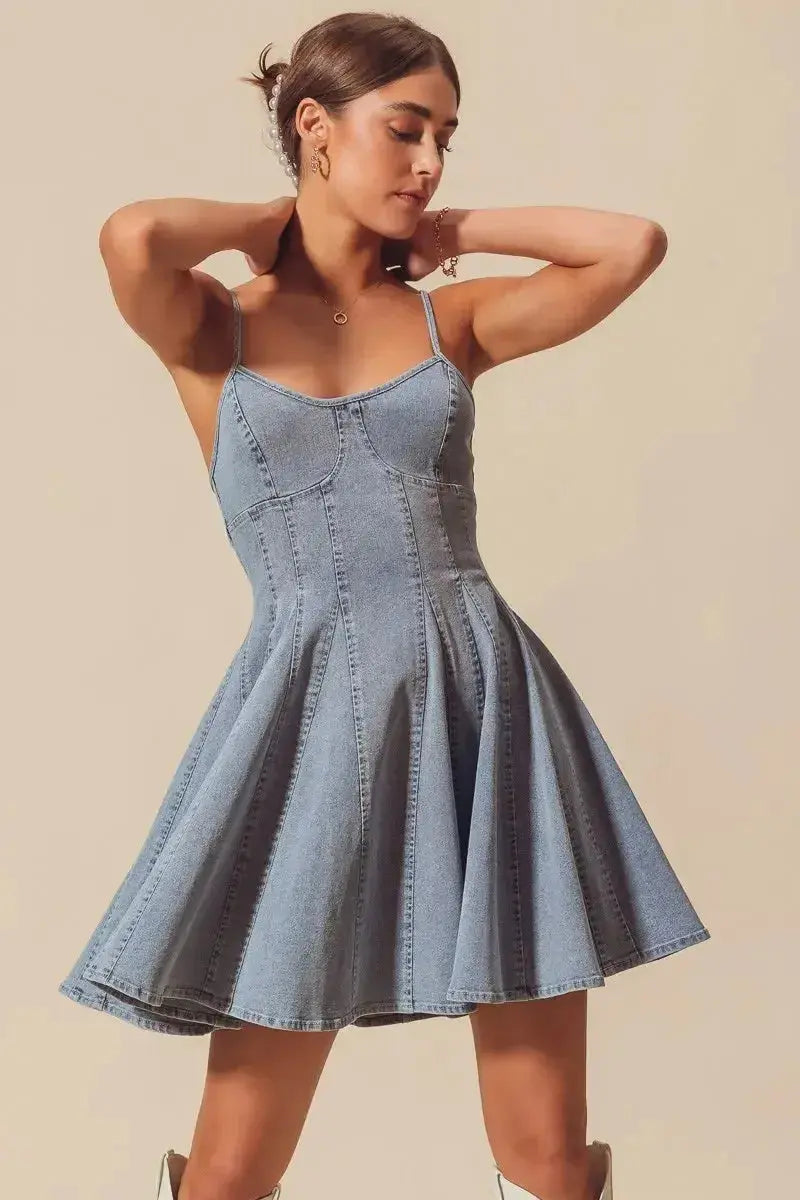 SO ME A Line Fit and Flare Denim Mini Dress - Plush Fashion Hub