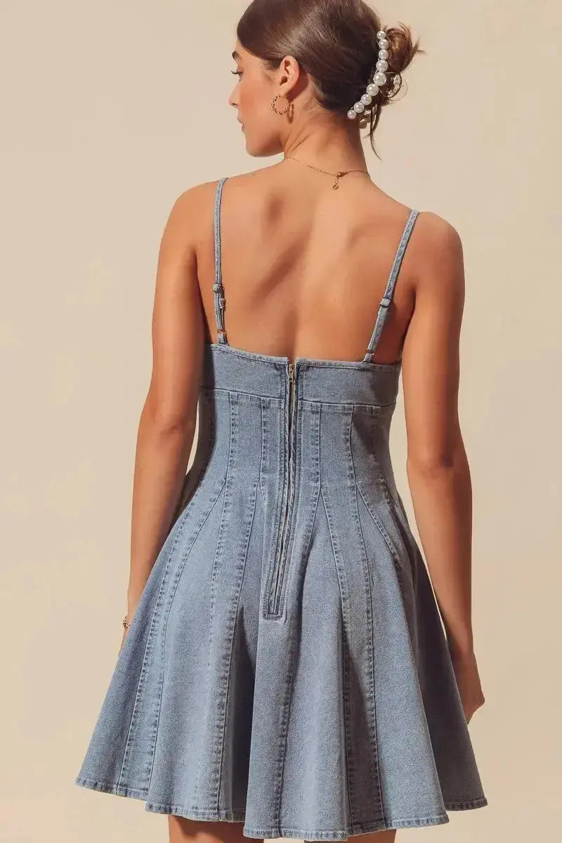 SO ME A Line Fit and Flare Denim Mini Dress - Plush Fashion Hub