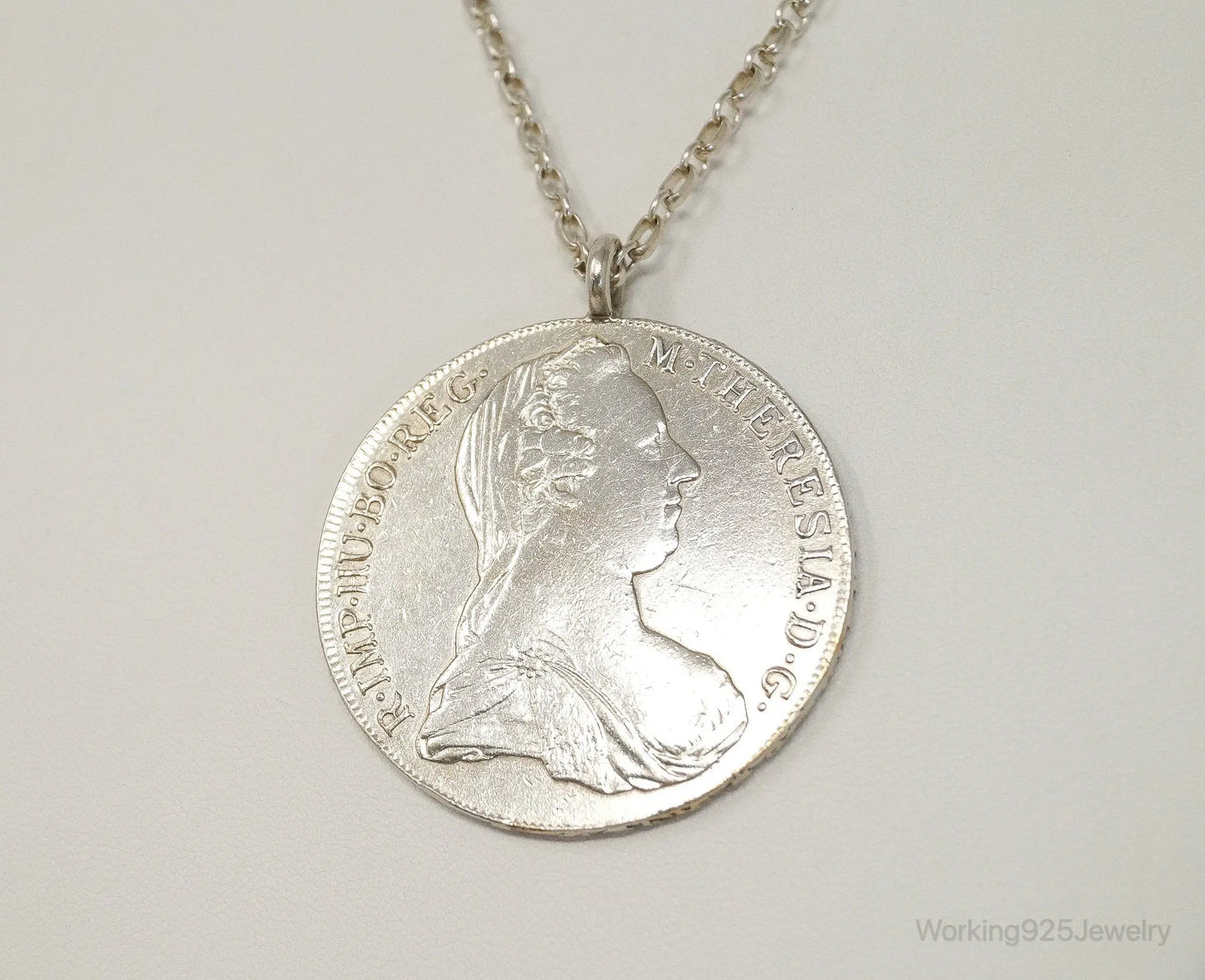 Antique 1780 M. Theresia Austrian Silver Thaler Coin Necklace Plush Fashion Hub