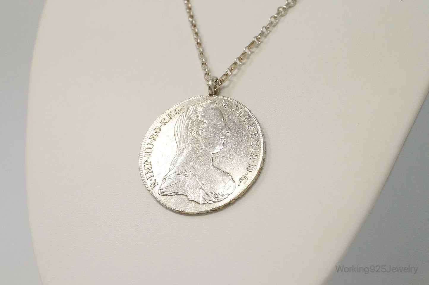 Antique 1780 M. Theresia Austrian Silver Thaler Coin Necklace Plush Fashion Hub