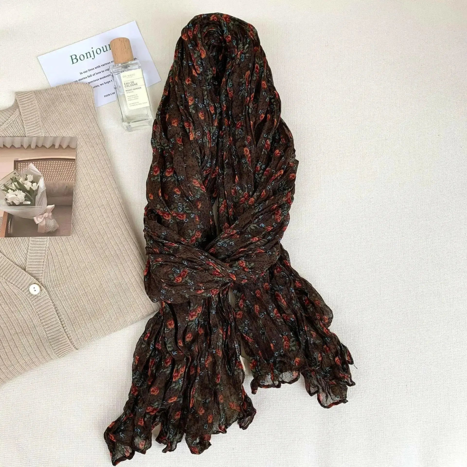 Artistic Retro Soft Small Floral Vintage Cotton And Linen Scarf For Women - Plush Fashion Hub