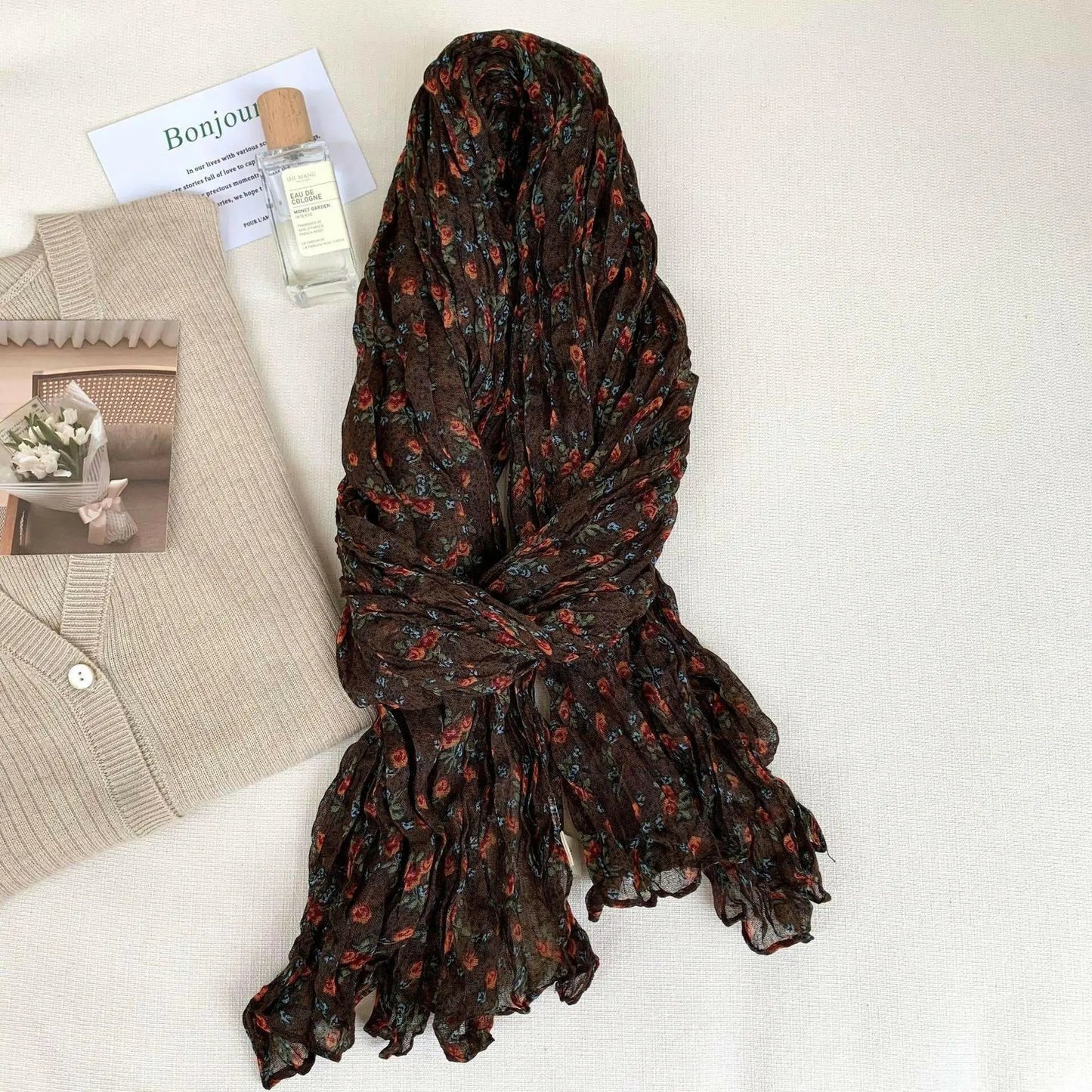 Artistic Retro Soft Small Floral Vintage Cotton And Linen Scarf For Women.