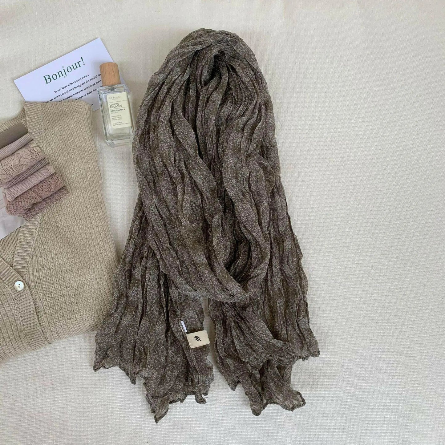 Artistic Retro Soft Small Floral Vintage Cotton And Linen Scarf For Women.