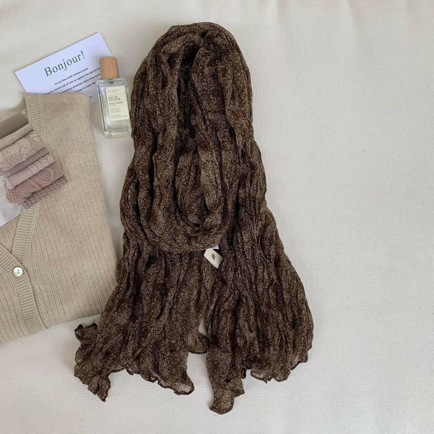 Artistic Retro Soft Small Floral Vintage Cotton And Linen Scarf For Women.