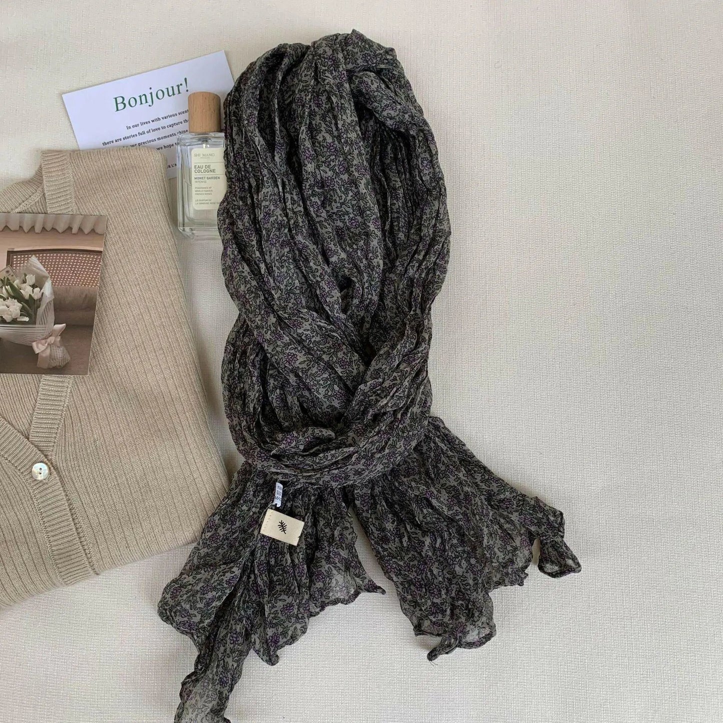 Artistic Retro Soft Small Floral Vintage Cotton And Linen Scarf For Women.