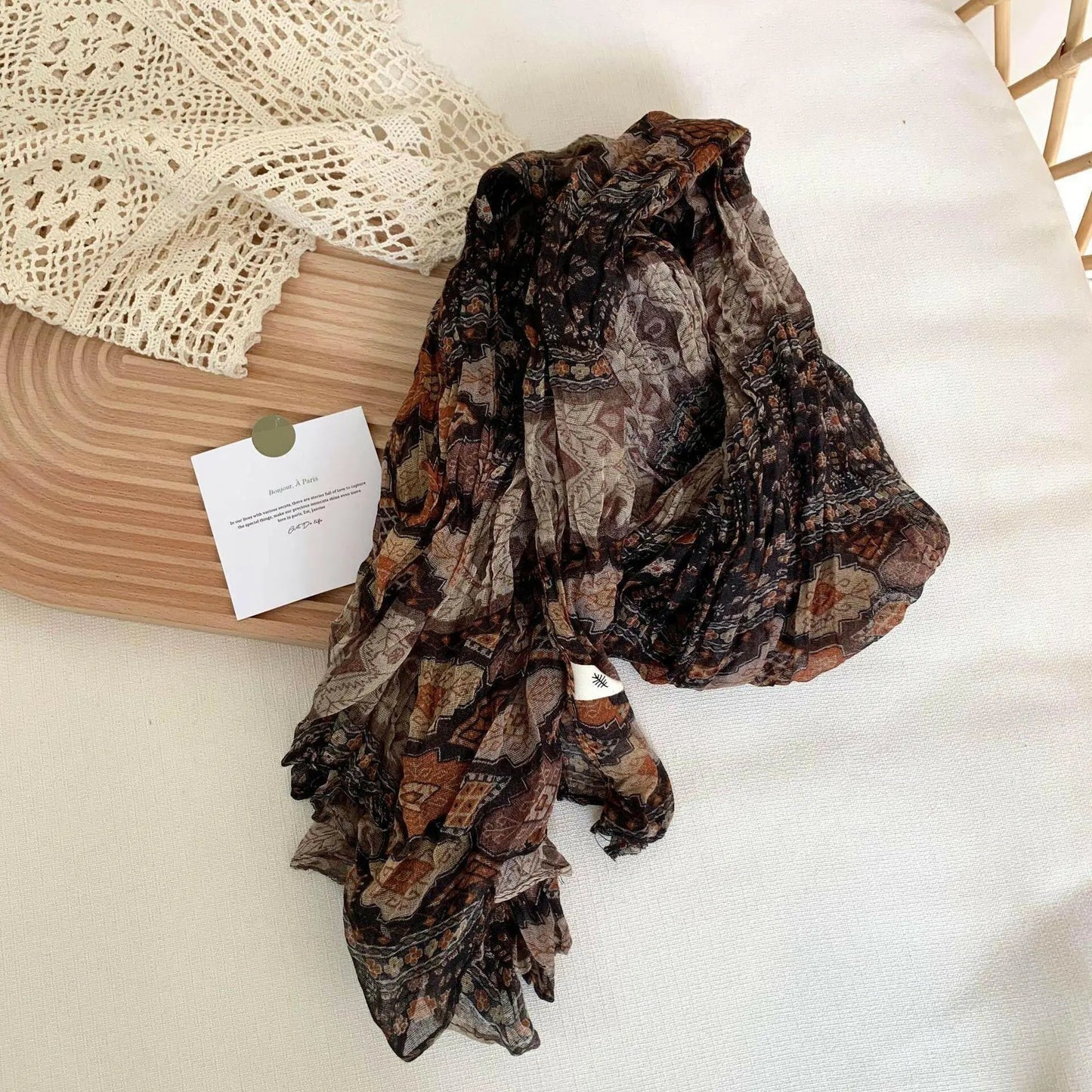 Artistic Retro Soft Small Floral Vintage Cotton And Linen Scarf For Women.