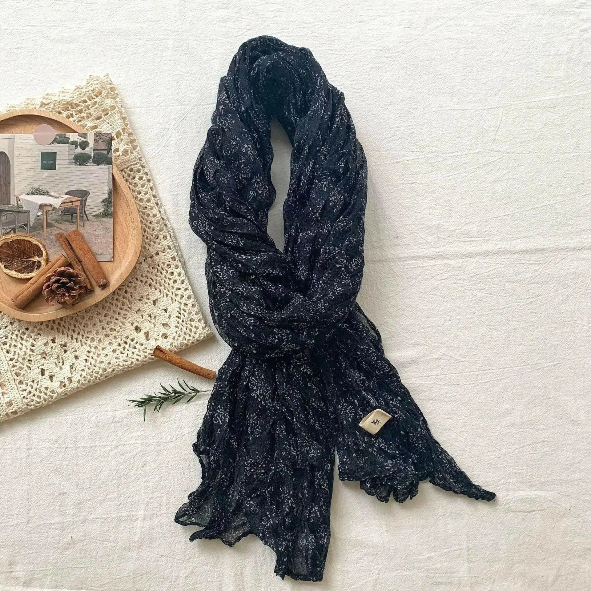 Artistic Retro Soft Small Floral Vintage Cotton And Linen Scarf For Women - Plush Fashion Hub