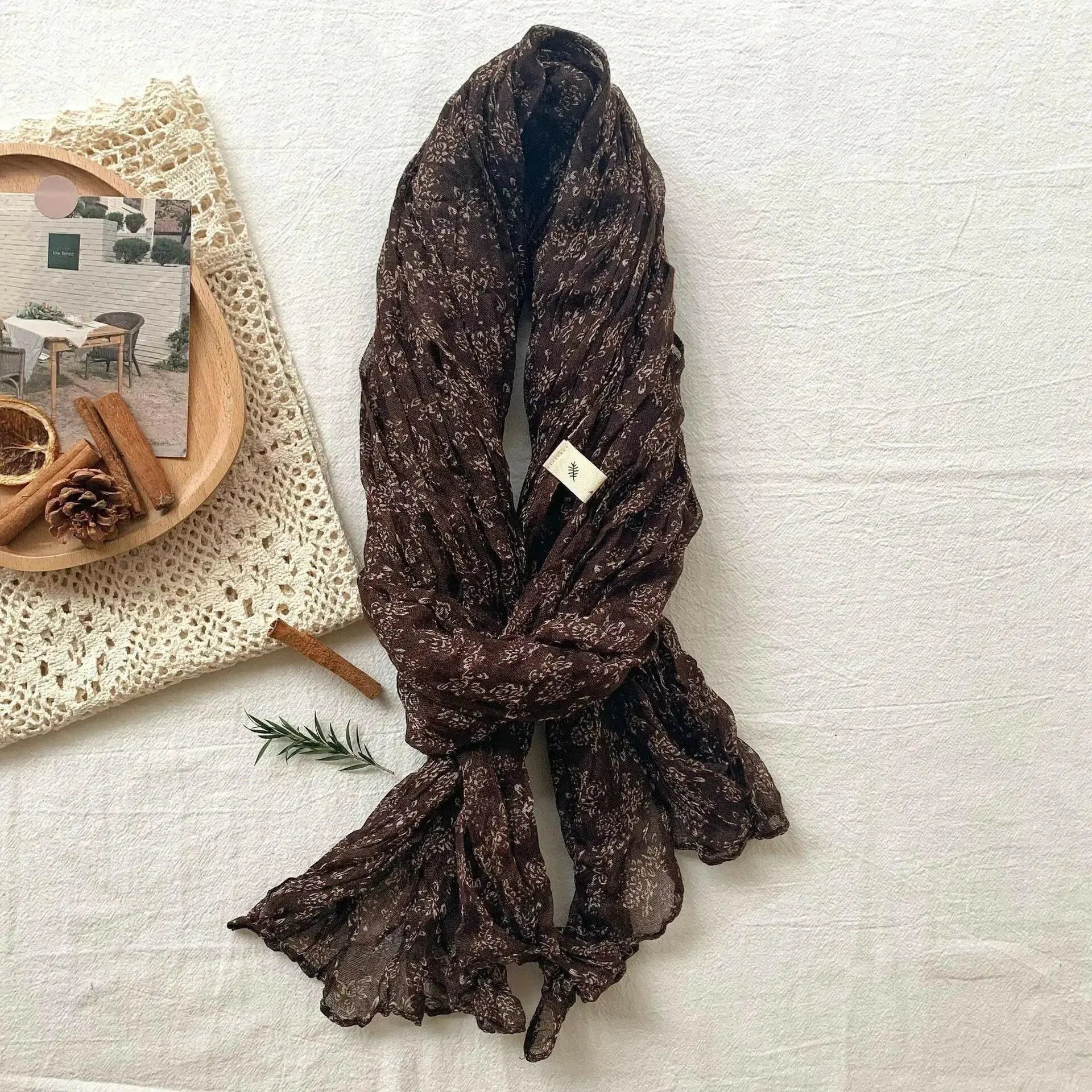 Artistic Retro Soft Small Floral Vintage Cotton And Linen Scarf For Women - Plush Fashion Hub